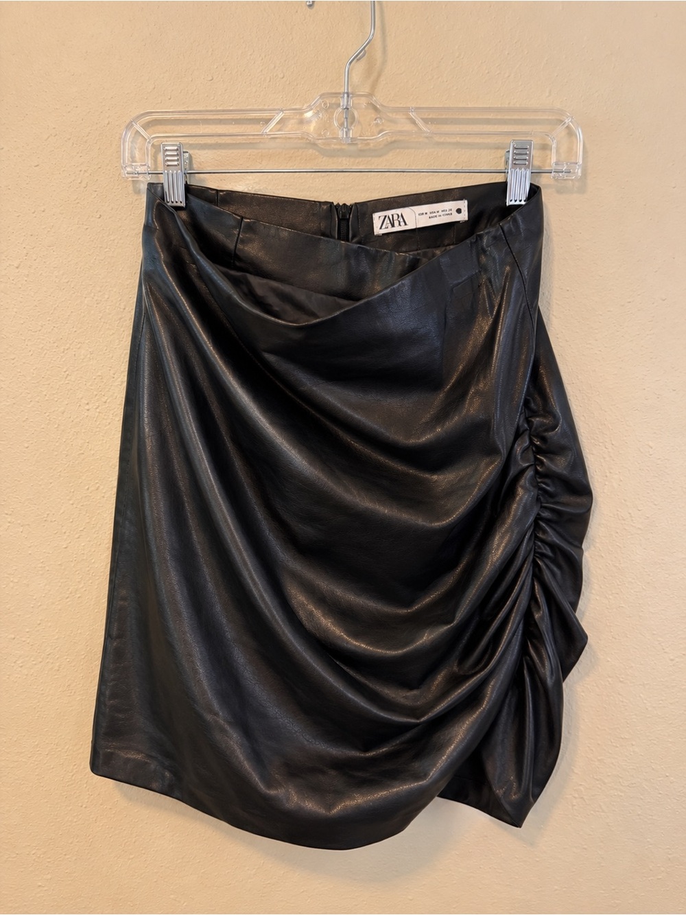 Zara Black Faux Leather Draped Mini Skirt with Side Ruching